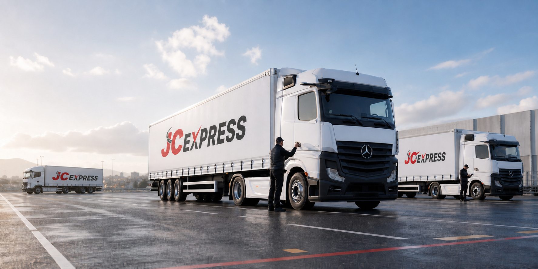 Tracteurs Mercedes et semi-remorques JC EXPRESS pour le transport de marchandises